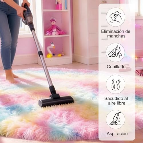 VOFUSHON Living Room Rug 150 cm Rainbow Rug Long Hair Washable Non-Slip Carpet for Bedroom