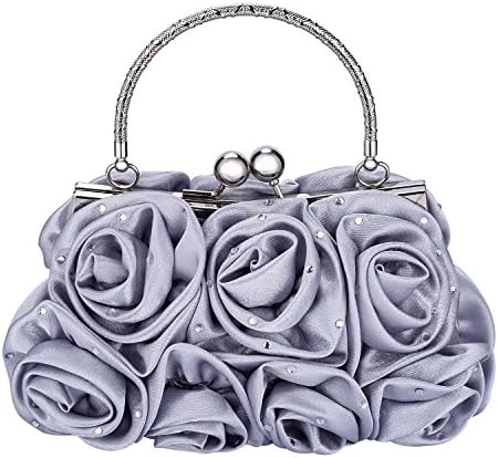 Emour Women Satin Rose Rhinestone Pure Color Handbag Evening Bags Wedding Handbags Carved Handle (Silver)