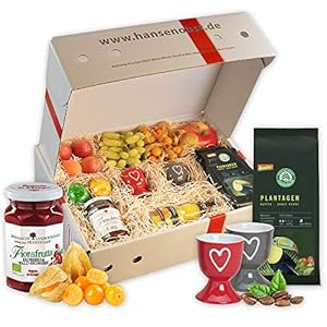 Obstbox Frühstück mit frischem Obst, Kaffee und Marmelade in klassischer Geschenkbox für ein leckeres Frühstück