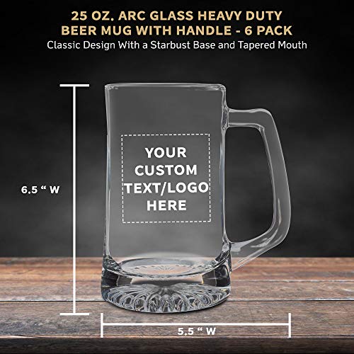 Custom ARC Glass Beer Mugs 25 oz. Set of 6, Personalized Bulk Pack
