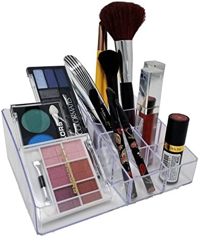 Small makeup organizer for vanity or counter. Store makeup, eye shadow palettes, lipsticks, nail polish and make up brushes, this organizer holder will keep counter clean! (NO ACCESSORIES INCLUDED)