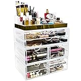 Sorbus Acrylic Cosmetic Makeup and Jewelry Storage Case Display with Gold Trim - Spacious Design - Great for Bathroom, Dresser, Vanity and Countertop (Gold Set 2)