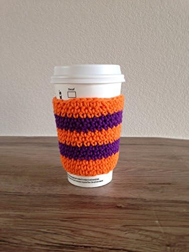 Crochet cup cozy, coffee cup sleeve, reusable coffee sleeve, coffee cup cozy in candy corn colors, orange, and purple. Halloween coffee cup cozy.