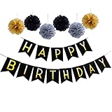 Happy Birthday Party Decorations Bunting Banner With Set Of 6 Gold Silver Black Tissue Pom Pom Ball