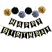 Happy Birthday Party Decorations Bunting Banner With Set Of 6 Gold Silver Black Tissue Pom Pom Ball