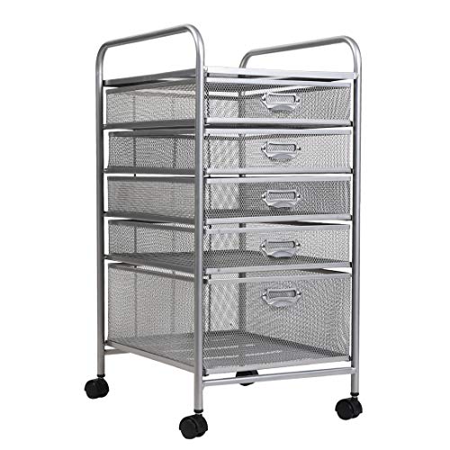 100% Metal Mesh 5 Drawer Rolling Cart Storage Organizer File Basket Cart Office&Home Cabinet-Silver
