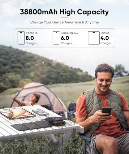 Solar Charger Power Bank 38800mAh with Dual 5V3.1A Outputs 10W Qi Wireless Charger Waterproof Built-in 4 Solar Panel and Bright Flashlights