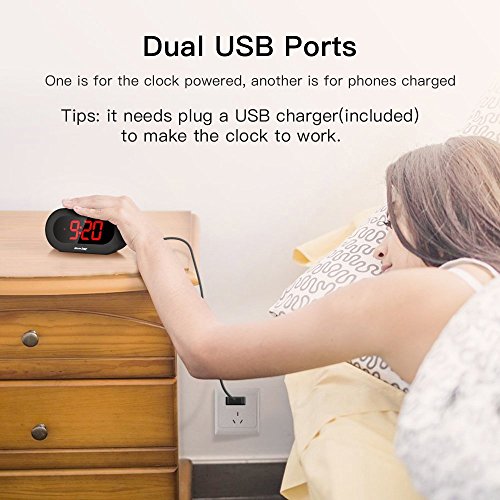 Reacher Digital LED Alarm Clock with USB Port Phone Charger, Snooze, Big Red Digits, Battery Back , Outlet Powered Clock Small for Bedrooms, Desk, Shelf