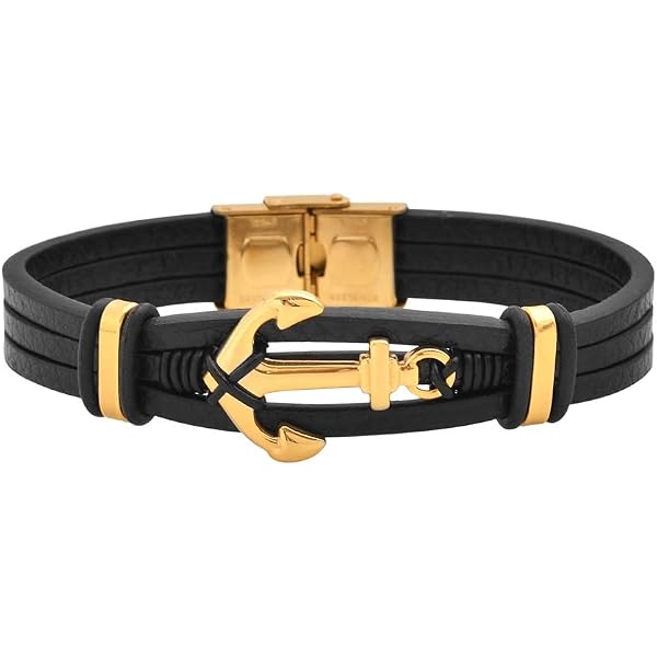 Men's Stainless Steel Anchor Bangle Bracelet With Genuine Braided Leather Wristband