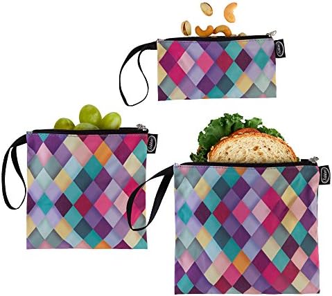 Tabkoe Reusable Snack Bags with Handles – XL, Large &amp; Small Zippered Lunch Baggies for Sandwiches, Meal Prep &amp; More – Resealable, Washable, Eco-Friendly, 3pc Zip Up Pouch (Diamond Colorful)