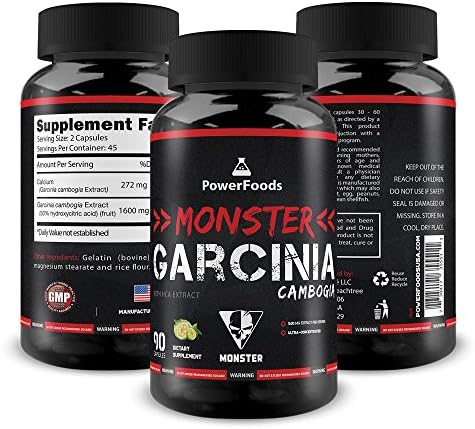 Pure Garcinia Cambogia ★ Monster Garcinia Cambogia x90 capsules (easy to swallow) ★ 1600mg Extract with Calcium and HCA ★ Weight Loss + Stress Management + Energy Boost
