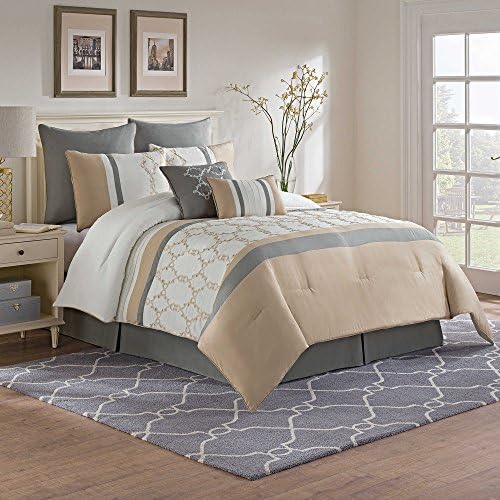 Modern Elegant Pleated Striped Pattern Grey Tan Soft Bedding Embroidered Medallion Comforter Set for Teen Girls, KING (9 Piece Bed in a Bag) with Sleep Mask