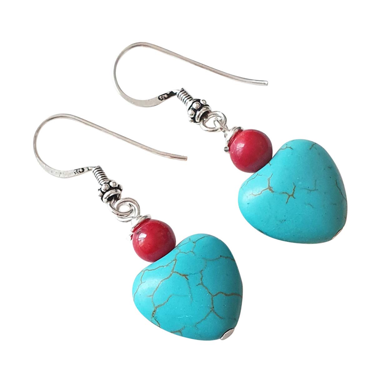 TreasureBay Turquoise and Coral Drop Earrings, Womens Pierced Earrings