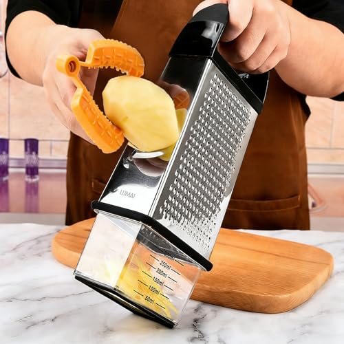 LUMAI Ralador e Fatiador de Aço Inox Premium com Cesto Coletor com Medidas de Cozinha, Inclui Protetor de Dedos, Cabo para Longa Durabilidade, Utensílio de Cozinha para Queijos, Cenouras, Legumes