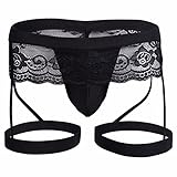 FEESHOW Men's Lace Pouch Thong Underwear Lingerie with Elastic Thigh Band