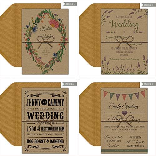 10 x Personalised Day or Evening Wedding Invitations with envelopes, Many Designs to Choose from, Rustic Kraft or Textured Card