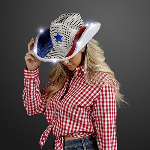 Red White and Blue Sequin Light Up LED Cowboy Hat with White LED Brim