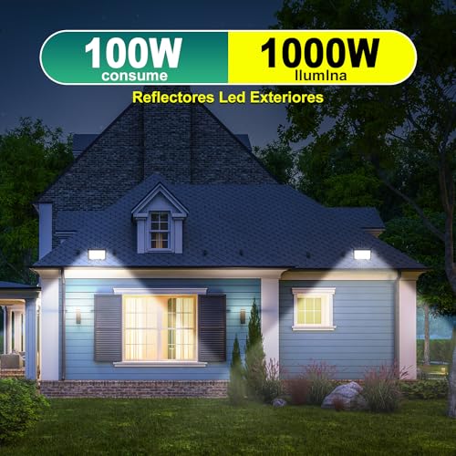 100W Reflectores Led Exteriores 2 Pack, Luz Exterior IP66 Impermeable, Iluminación Equivalente a 1000W, 6500K Luz Fría, 9000LM, Para Jardines, Terrazas, Fábricas, Muelles, Plazas Iluminación