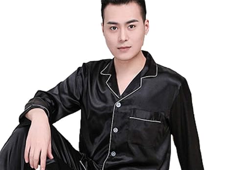 Herren Zweiteiliger Schlafanzug Satin Pyjama Set, Klassische Nachtwäsche für Männer - Langarm Shirt mit Reverskragen & Lange 