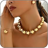 CIWEAI Chunky Gold Beaded Jewelry Sets for Women Dainty Round Balls Beads Bib Choker Necklace Vintage Ball Wrap Bold Stud Earrings Adjustable Collar Necklaces
