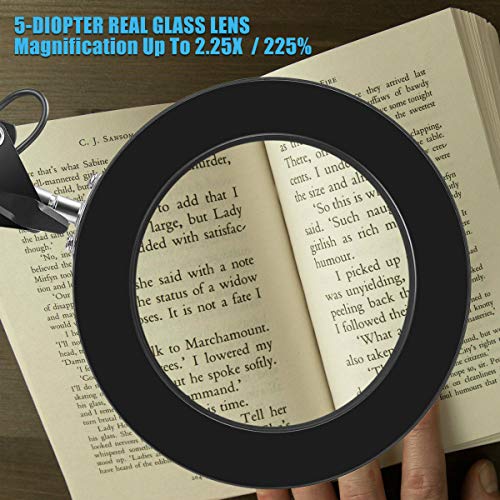 LANCOSC LED Magnifying Lamp with Clamp, 10 Levels Dimmable, 3 Color Modes, 5-Diopter Real Glass Lens, Adjustable Swivel Arm Lighted Magnifier Light for Desk Table Craft Workbench Close Work-2.25X