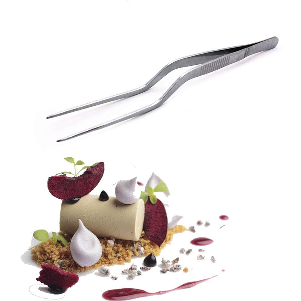 ABMRO 160mm 304# Stainless Steel Precision Offset Culinary Chef's Tweezers,Kitchen Cooking Tongs for Plates Decorating Foods Dessert Cake Decoration and Succulents Care