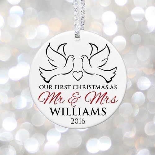 First Christmas Married Ornament, First Christmas as Mr & Mrs Ornament 2021, Two Doves Keepsake for Couple - 3" Flat Circle Porcelain Ceramic Ornament - Gold & Silver Ribbon | PGM-OR-06a