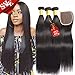 Brazilian Straight Virgin Human Hair 3 Bundles With Closure 100% Unprocessed Straight Human Hair Weave Extensions With 4X4 Free Part Lace Closure(22 24 26 with 20)