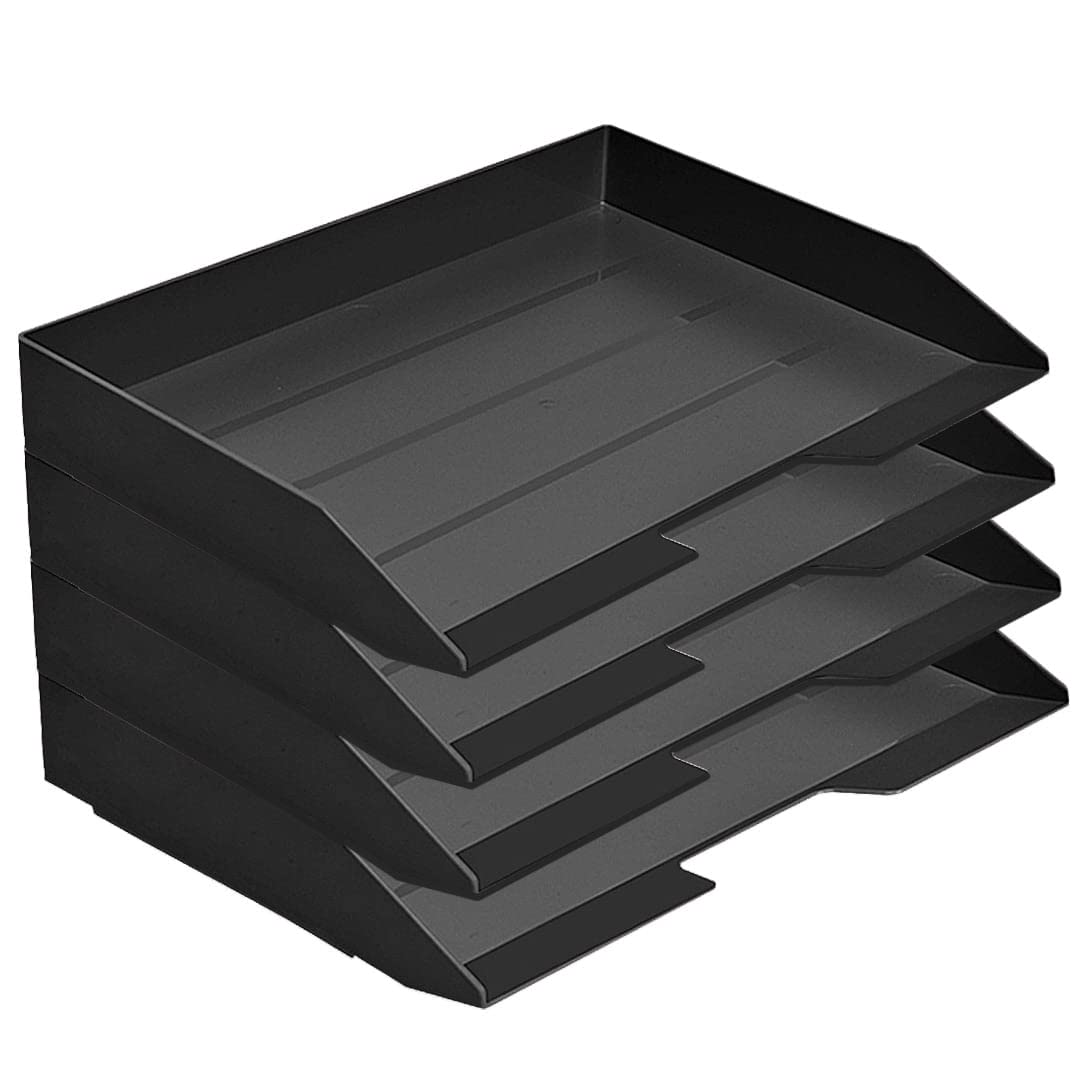 Acrimet 4 Tier Paper Organizer Letter Tray – Plastic Stackable Desk File Organizer, Side Load Paper Sorter for Letter/A4 Office File Folder Holder – Black