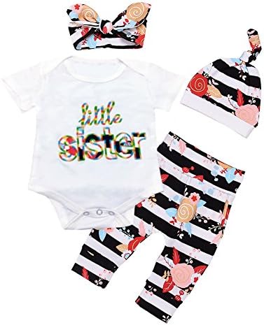 OUTGLE Newborn Baby Girl Toddler Little Sister Romper + Stripe Trousers + Hat + Headband Summer Spring Outfits