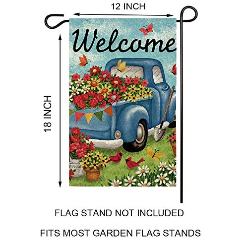 GOAUS Welcome Flower Old Truck Daisy Bird Butterfly Floral Garden Flag,Spring Double Sided Burlap Decorative House Flags for Home Lawn Yard Indoor Outdoor Decor,12 x 18 Inch