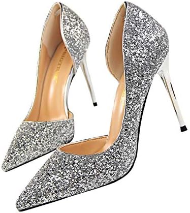 Women Pumps Closed Pointed Toe Open Side Cutout Sequin Stiletto Office Lady Wedding Party Dress Heeded Shoes by Lowprofile
