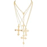 Gold Color Cross Pendant Necklace Set for Women,Dainty Big Crystal Cross Imitation pearl Layered Chain Necklace Summer Party Jewelry