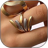 AIETUE Chunky Thumb Rings For Women, Two Tone Minimalist Hollow Wavy Curve Geometry Adjustable Non Tarnish Stainless Steel Jewelry Gift