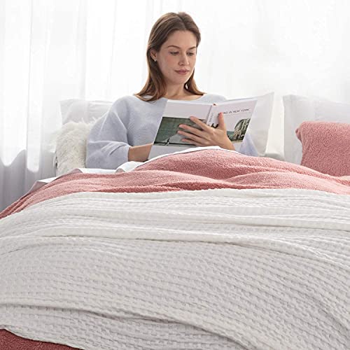 Bedsure Waffle Cotton Blanket King Size Cream White Viscose from