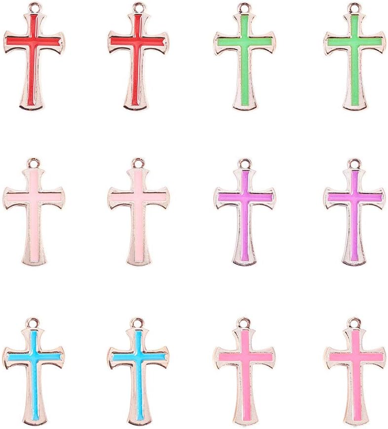 PandaHall Elite 48pcs 6 Color Alloy Cross Enamel Charms Pendants Crucifix Beads Charms for Earring Necklace Rosary Beads Bracelet Jewelry Making