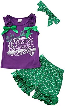 3Pcs Toddler Kids Baby Girl Mermaid Outfit Set,Sleeveless Shirt Tops+Ruffle Shorts With Headband (Purple+Green, 4-5 Years)