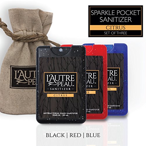 Antibacterial Travel Hand Sanitizer Spray with Aloe Vera by L'AUTRE PEAU - Unique Flat Credit Card Shape - Citrus Scented Mini Sparkle Pocket Size - 20ml 3 Piece Multi-Color Pack (Black, Red & Blue)