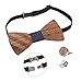 Amzchoice Classic Handmade Mens Wood Bow Tie with Matching Pocket Square Men's Cufflinks Lapel Flower Set (121)