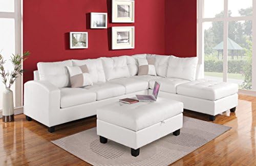 HomeRoots Sectional Sofa with 2 Pillows (Reversible), White Bonded Leather Match - Bonded Leather + PU, Fram White BLM
