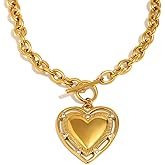 Valentines Day Gifts for Her,Chunky Gold Heart Necklace for Women, 18K Gold Plated Puffy Heart Pendant with Thick Paperclip Chain, Large Statement Choker Necklace, Vintage Style Stainless Steel Jewelry Gift for Christmas, Birthday, Valentine‘s Day