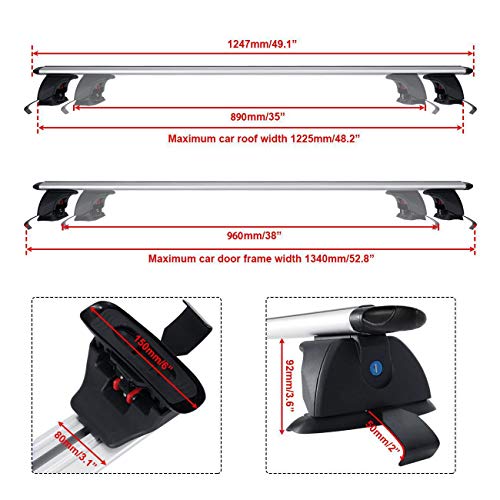 AUXMART 48" Roof Rack Cross Bars Universal Adjustable Crossbars Aluminum Cargo Carrier Bare Rooftop Bars System with Lock Fit for Most Vehicle Without Roof Side Rail 2pcs (Silver)