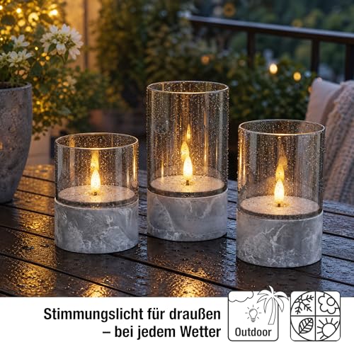 hellum LED Candles with Timer Function, Set of 3 LED Pillar Candles Outdoor, Flickering Flame, Grey, Diameter 8 cm, Heights 10/12.5/15 cm, 6 Hour Timer, Battery Operated (6 x AA, Not Included) 151992