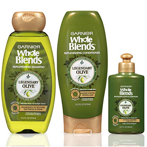 Garnier Hair Care Whole Blends Legendary Olive Replenishing Hair Care with Shampoo, Conditioner, and Leave In Treatment, For Dry Depleted Hair, Paraben Free, 1 Kit
