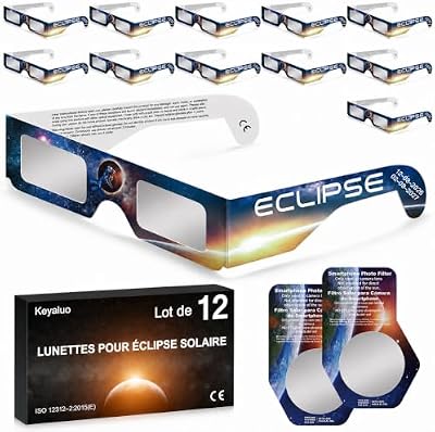 Lunettes eclipse solaire,approuvées AAS 2026, lot de 12 lunettes pour eclipse solaire pour une observation directe du soleil - Certifiées ISO 12312-2:2015(E) & CE