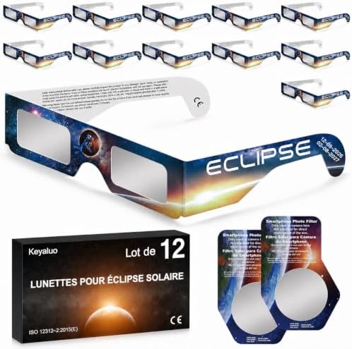 Lunettes eclipse solaire,approuvées AAS 2026, lot de 12 lunettes pour eclipse solaire pour une observation directe du soleil - Certifiées ISO 12312-2:2015(E) & CE