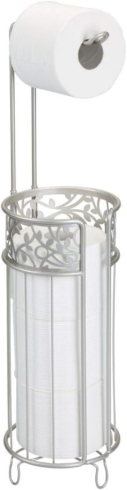 mDesign Metal Freestanding Toilet Paper Roll Holder Stand and Dispenser with Storage for 3 Rolls of Reserve Toilet Tissue - for Bathroom Storage Organizing - Holds Mega Rolls, Floral Pattern - Satin: Home & Kitchen