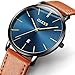 Mens Watch Thin Slim,Men Leather Watches on Sale Clearance,Fashion Quartz Date Wrist Watch for Men,Business Dress Watch Men with Yellow Black Brown Leather Strap Band,Blue Face Watch
