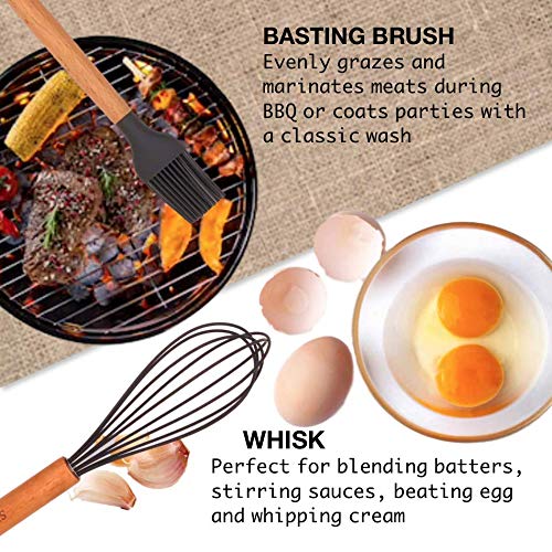 Kitchen Utensil Set, 27Pcs Cooking Utensils Set, Silicone Kitchen Tools, Wooden Spatula Set Non-stick Cookware Turner Tongs Spatula Spoon Kitchen Gadgets with Holder, BPA FREE-FDA APPROVED - Thumbnail 3