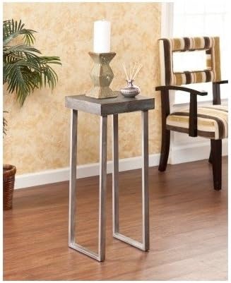 Pedestal End Table Accent Square Oak Wood Grey